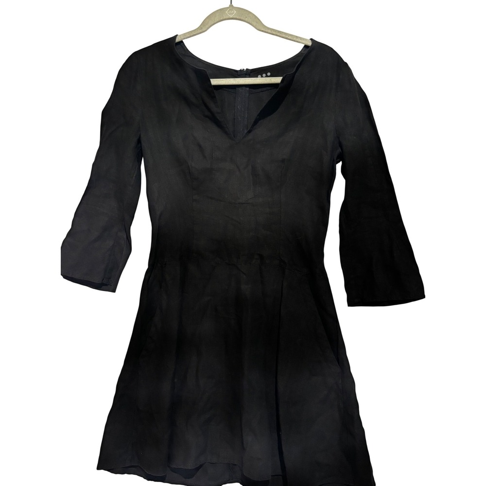 Three Dots Black 100% Linen Notched V-Neck 3/4 Sleeve Dress XS Pockets capsule